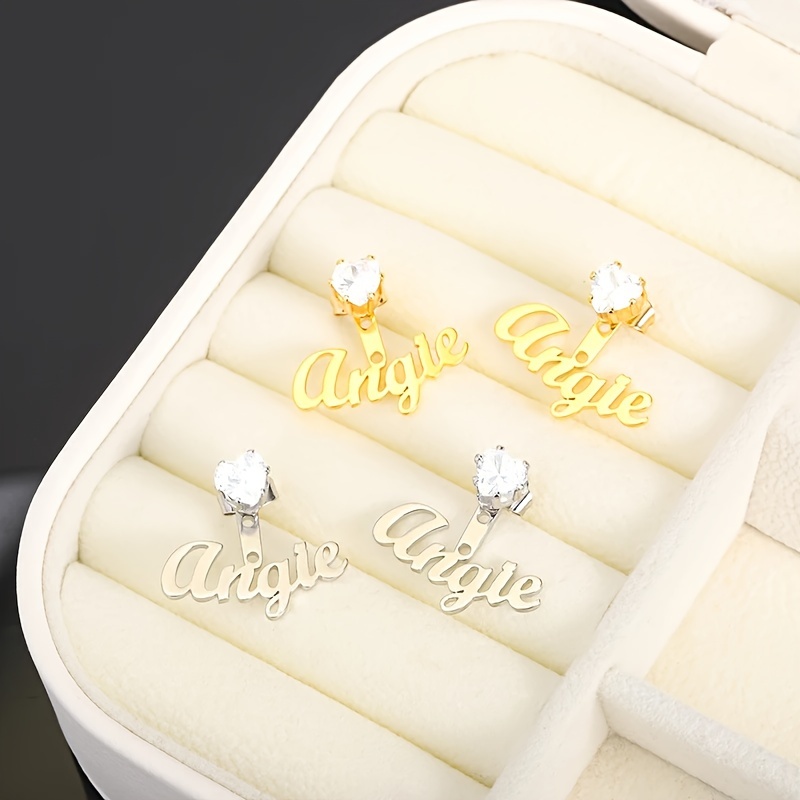 Personalized Heart-Shaped Zirconia Name Stud Earrings for Women